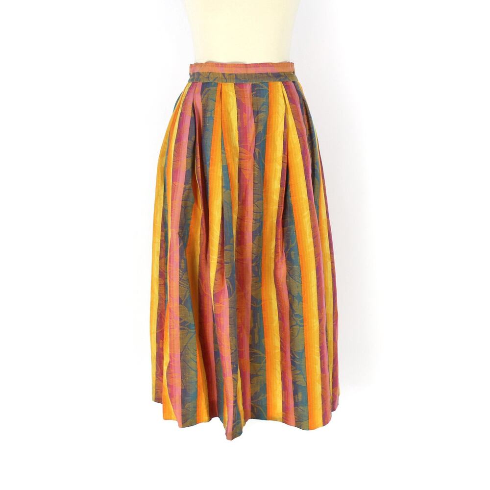 Christian Dior VTG Colorful Pleated Skirt Multicolor Leaf Stripe Pattern Midi XS